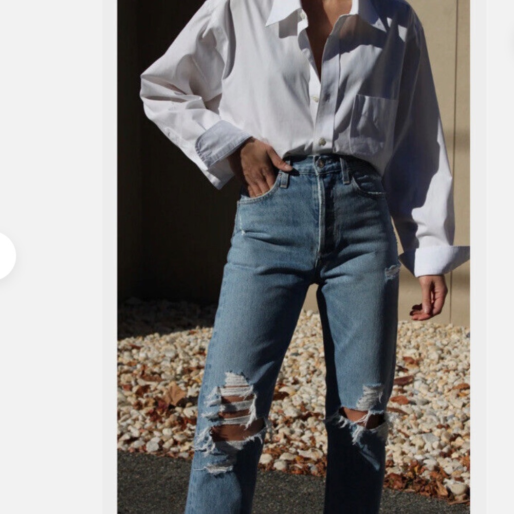 WOMEN’S AGOLDE 90’S MID RISE STRAIGHT LEG‎ JEANS WITH DESTRUCTION AT THE KNEES